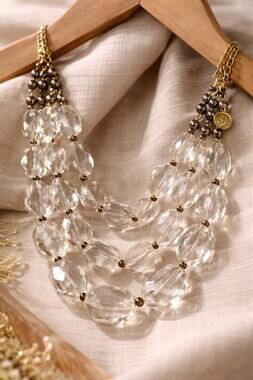 Chunky Faceted Clear Beaded Necklace Gold Tone Layered Statement